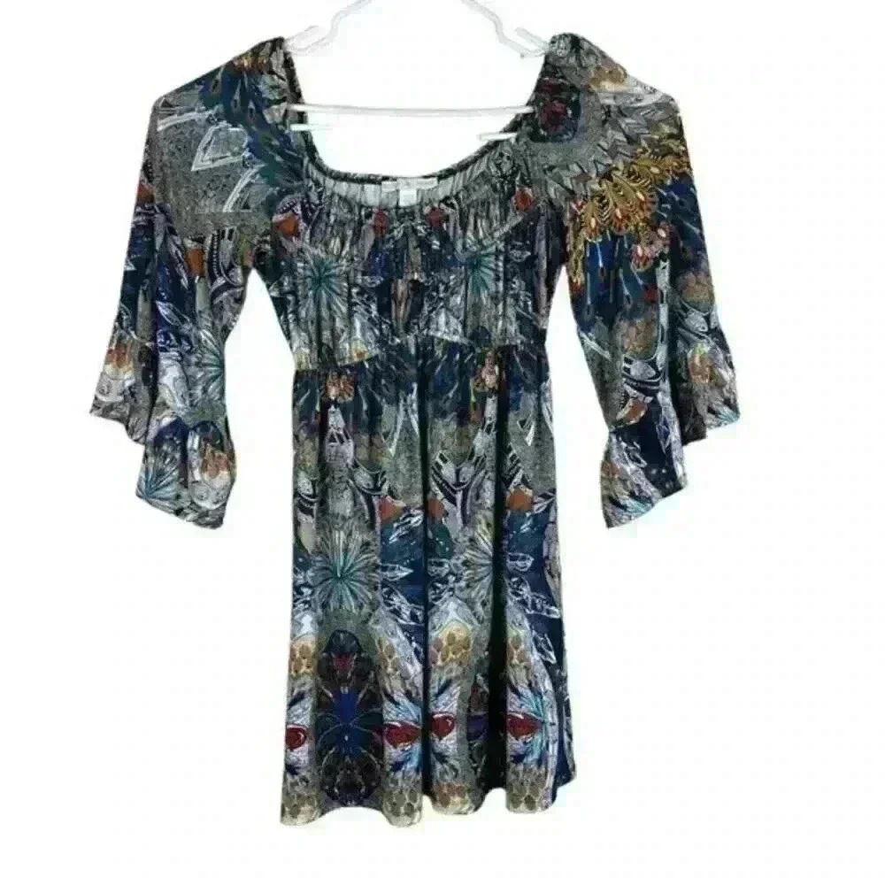 Boston Proper Feather Design Bohemian Dress Peasant Multicolor Bell Sleeves XS